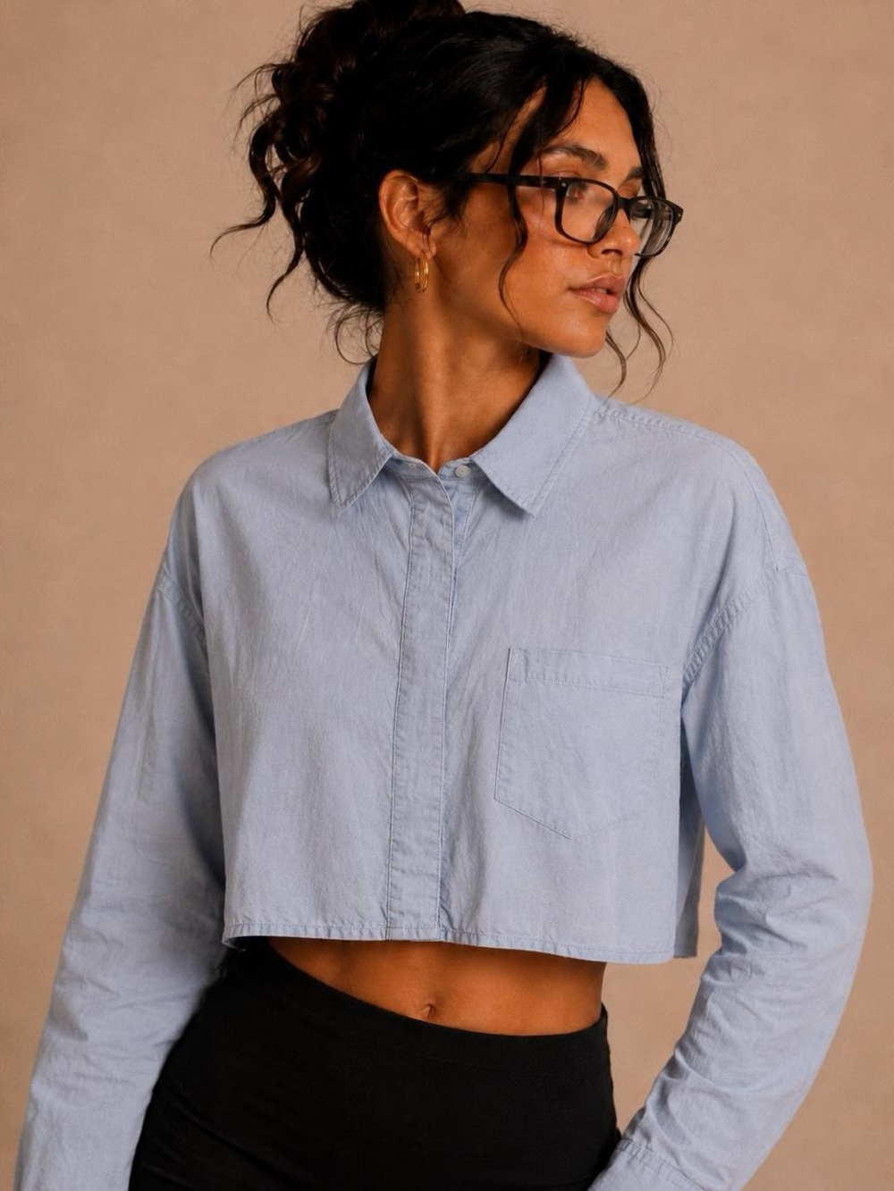 Light Blue Cropped Button-Front Shirt - Women Tops